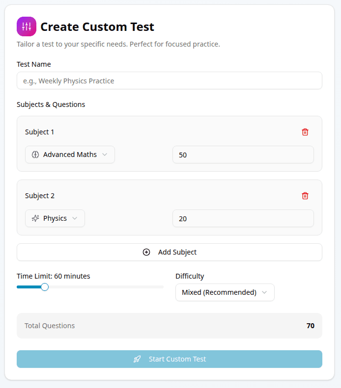 Nustrive Custom Test Creation Modal